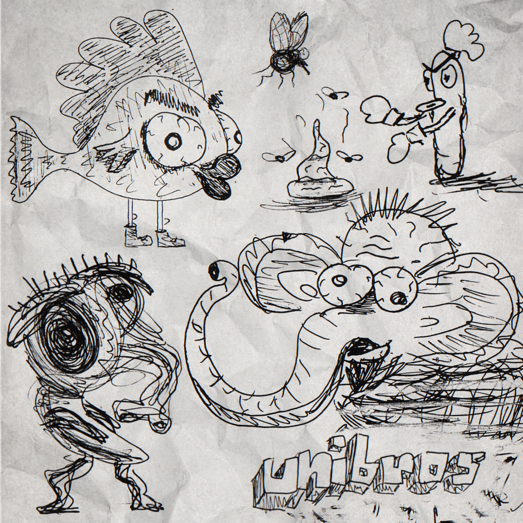 Character Club Vol. 1 — original ink sketches on crumpled paper